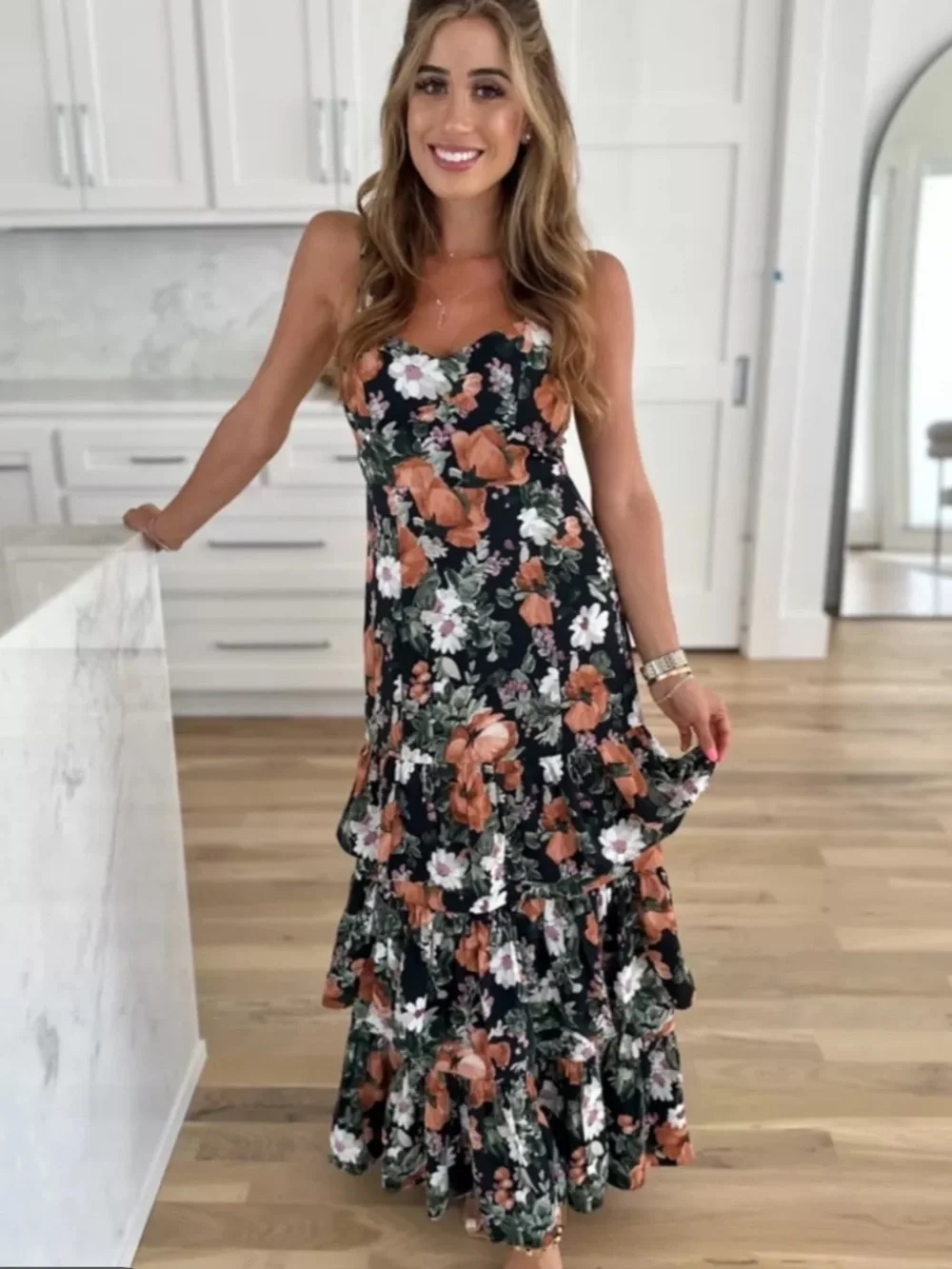 Abercrombie & Fitch Floral Tiered Ruffle Maxi Dress Black Pink Green Orange XS - Picture 2 of 10